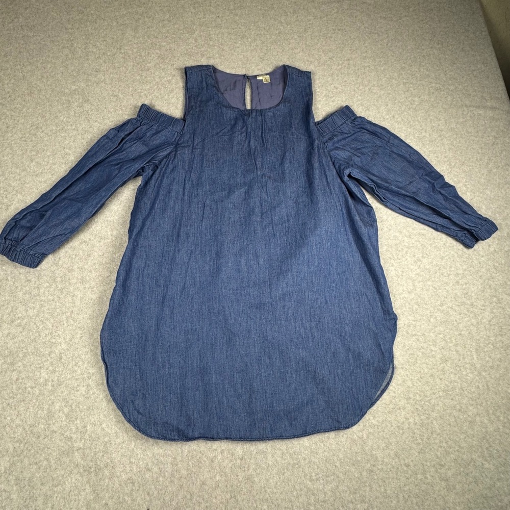 New Mode Women Blue Denim Cold Shoulder Chambray Tunic Top NM4713 Large